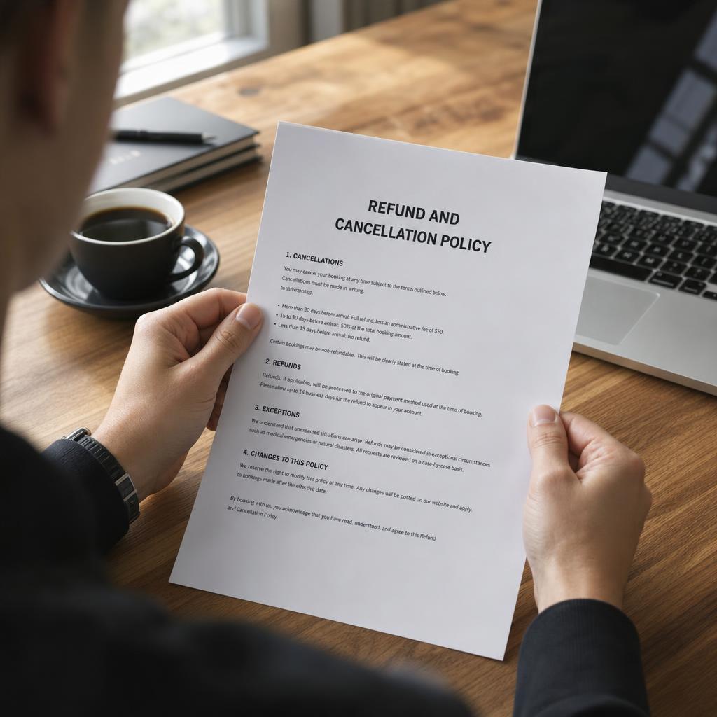 Person at a desk reading a printed refund and cancellation policy