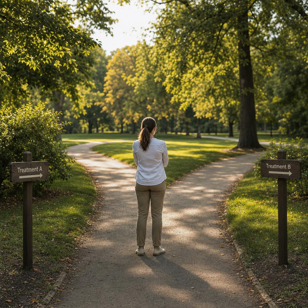 Person standing at a fork in a sunlit park path