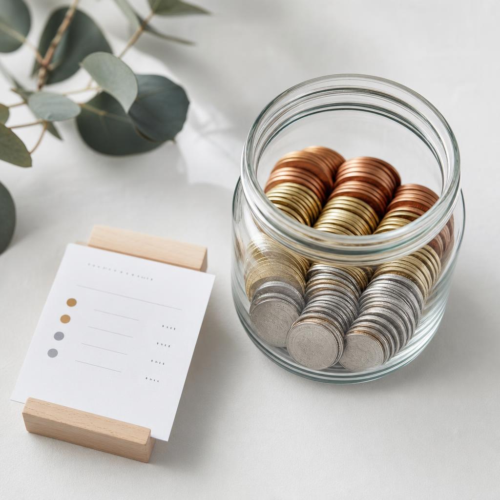 Glass jar of coins beside a simple printed price card