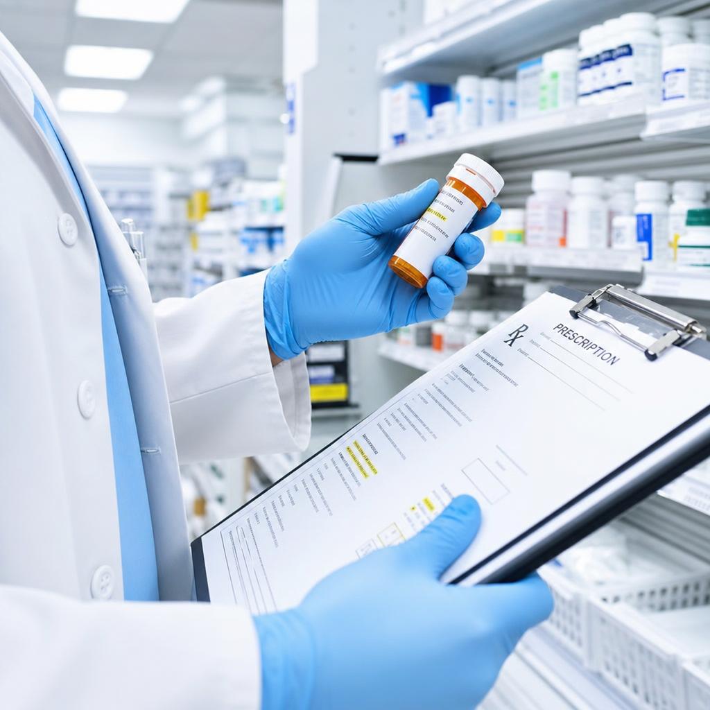 Pharmacist's gloved hands verifying a prescription vial