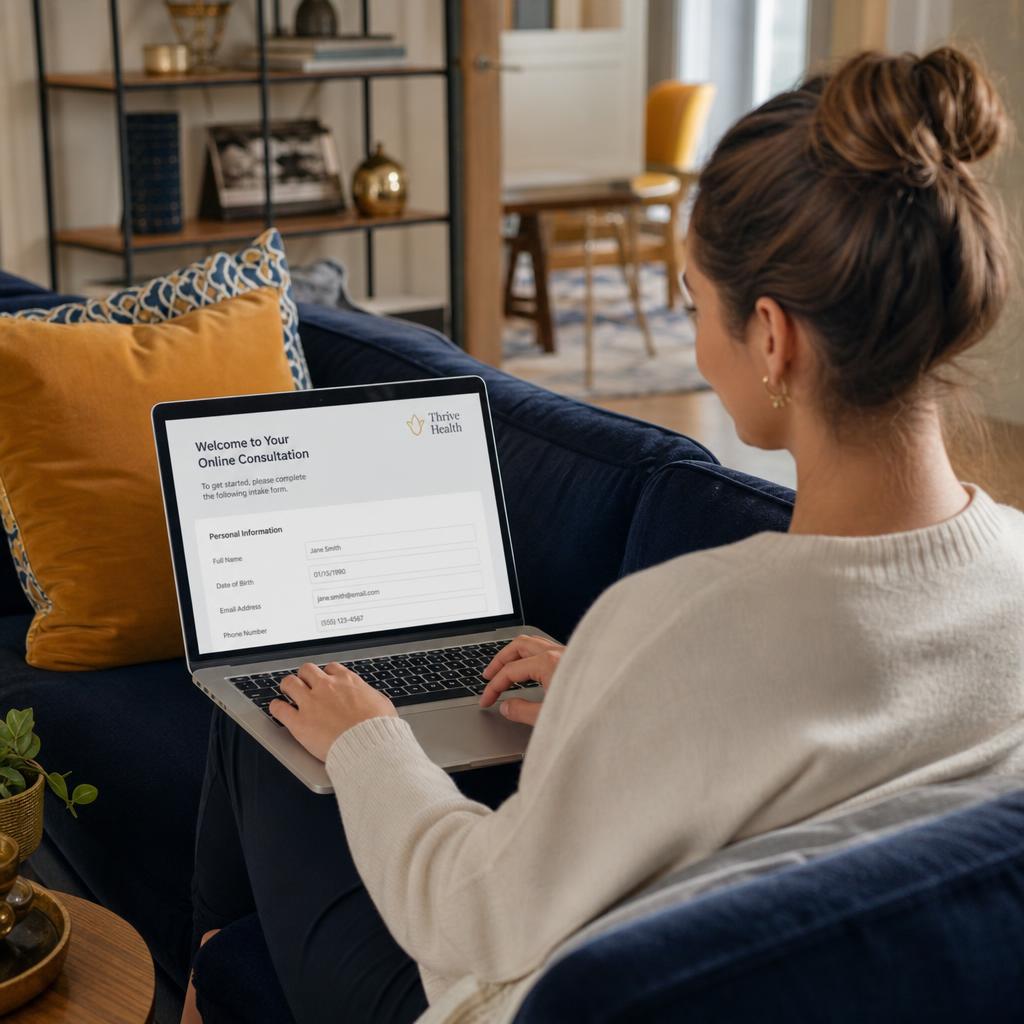 Patient at home starting an online consultation on a laptop