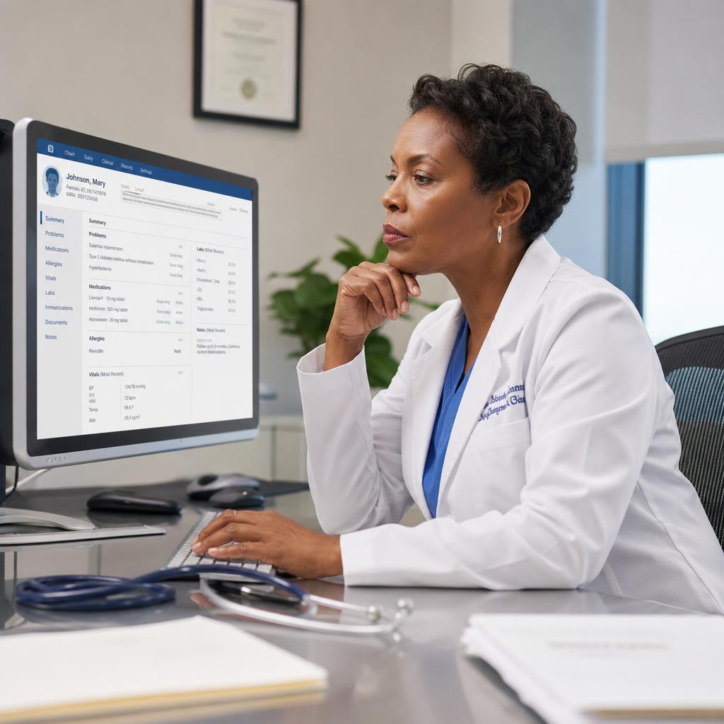 Clinician reviewing a patient's medical chart on a monitor