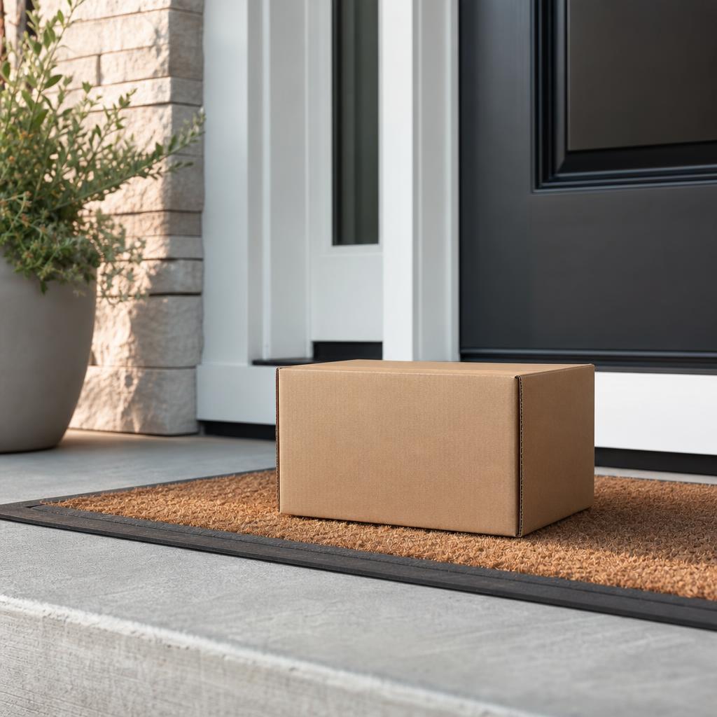 Discreet unbranded medication shipping box on a doorstep
