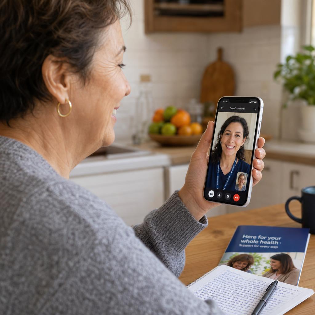 Patient on a smartphone video call with a care coordinator