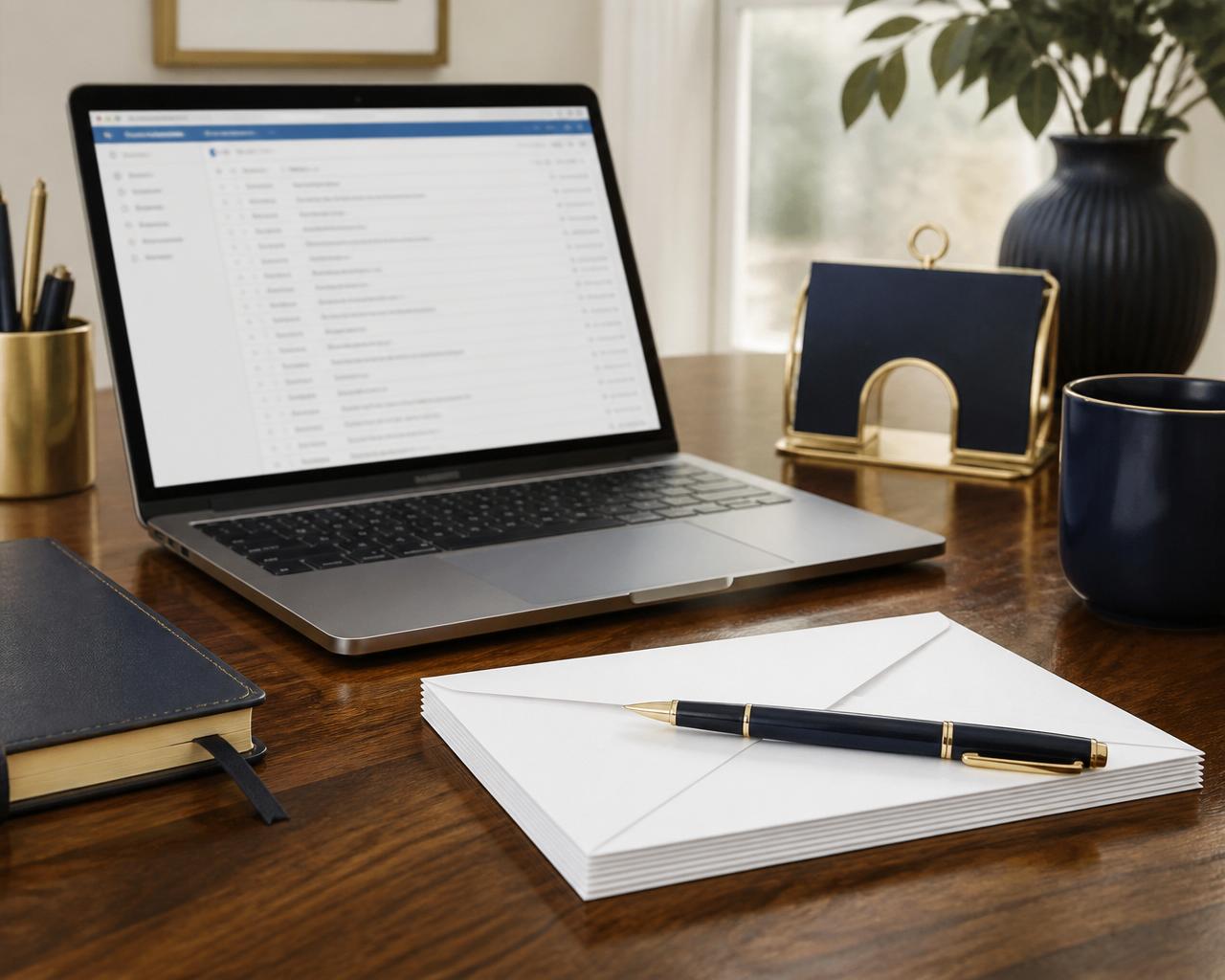 Laptop email inbox with envelopes and a pen on a desk